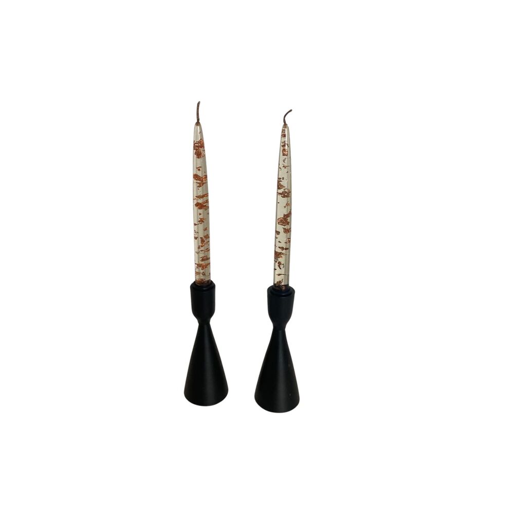 MCM Lucite Copper Fleck Candles & Black Holders Hollywood Regency Set